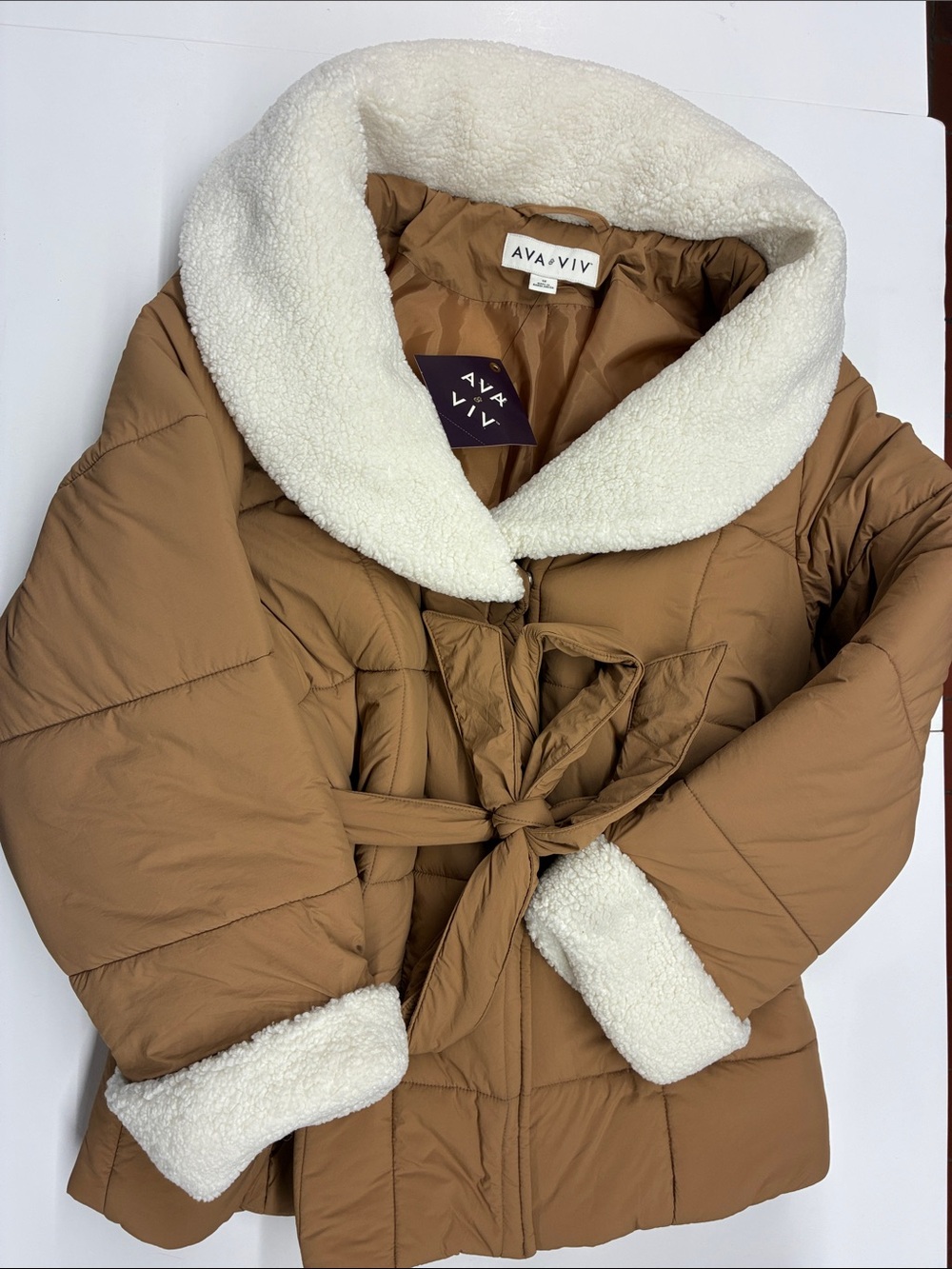 NEW Ava & Viv Tan Puffer Coat with Cream Sherpa Trim Size 1X